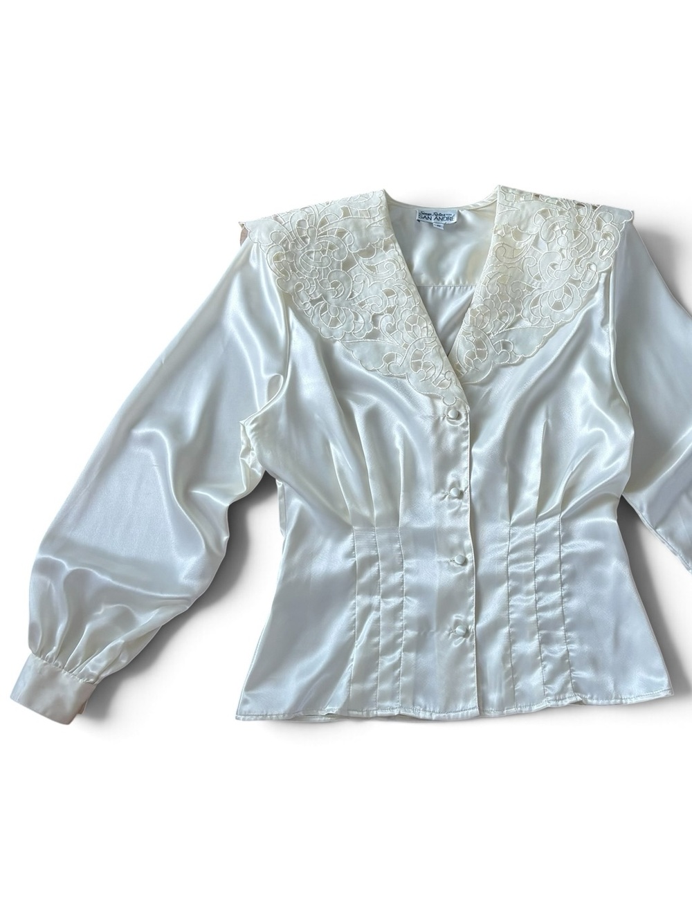Vintage Victorian Romantic Coquette Cream Satin Lace Collar Blouse Ren Fair
